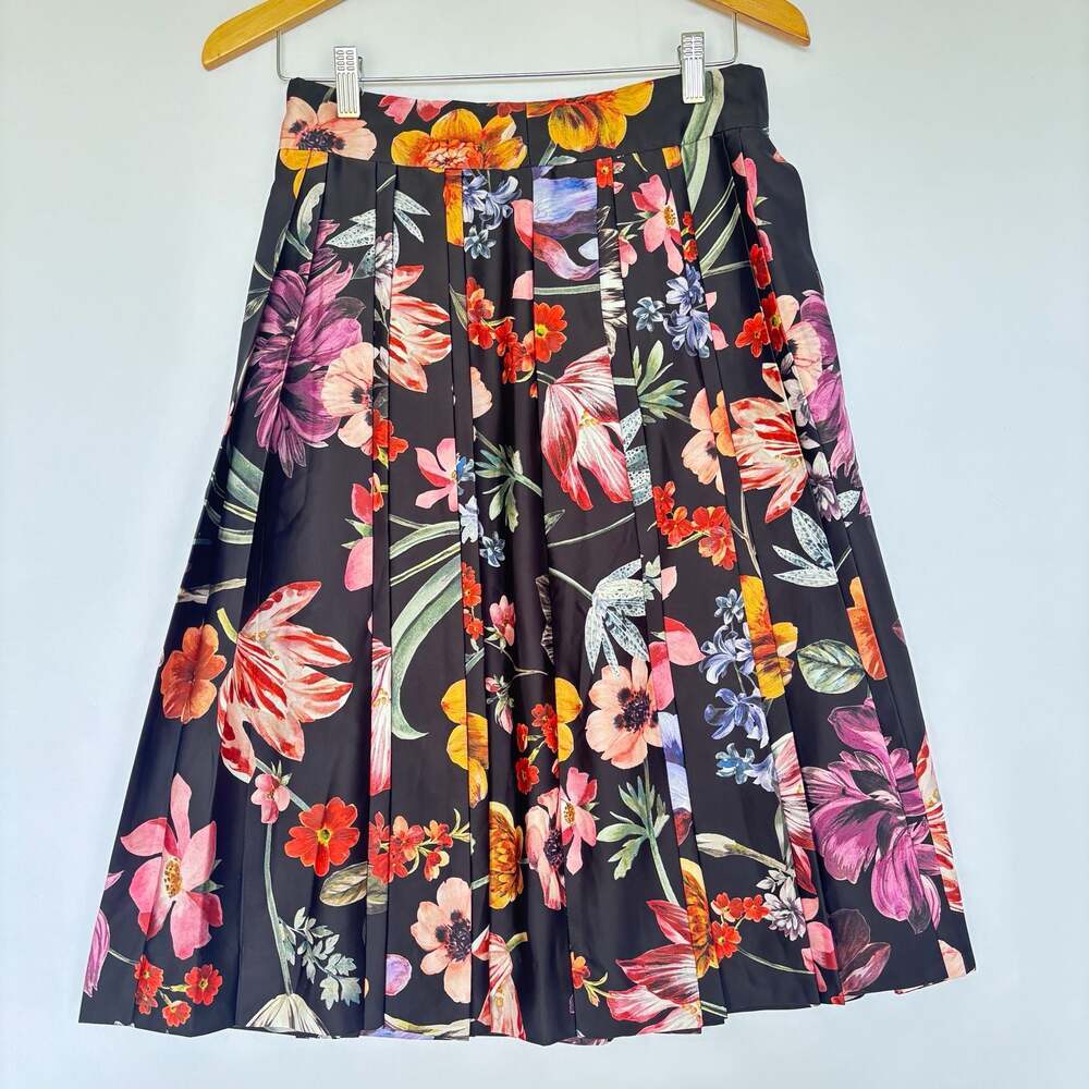 J Crew Pleated A-Line Midi Skirt‎ Size 2T Dark Academia Floral botanical garden